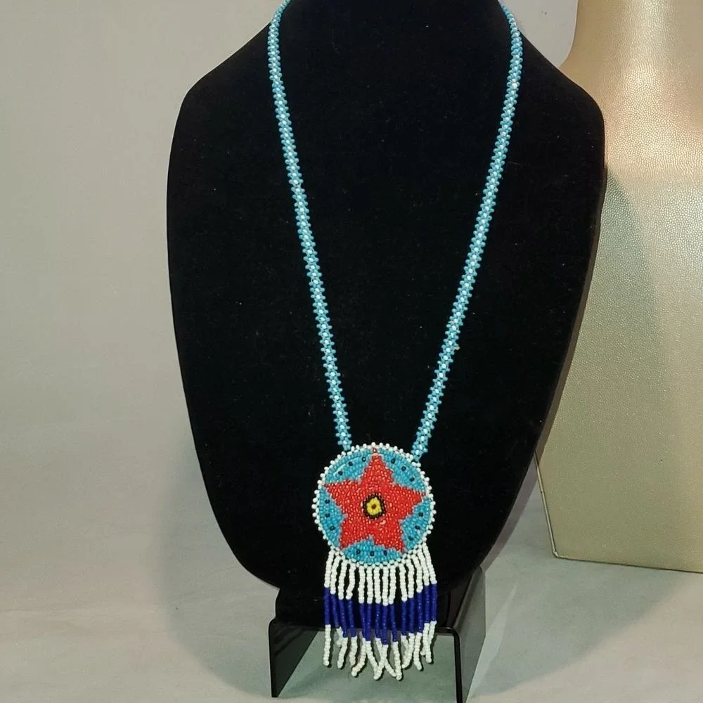 Indian Beaded silver & red star necklace blue long Boho Western Fringe Cute
